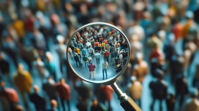 Customer research for marketing, study user behavior or analyze target group for advertising and marketing concept, businessman looking at big magnifier with customer group to see data