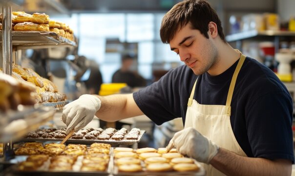 Young man with intellectual disabilities working in a bakery arranging fresh pastries during a daytime shift