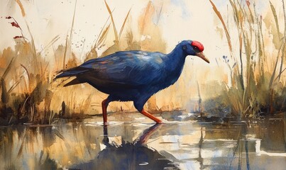 Wild australasian swamphen (Porphyrio melanotus) wading in freshwater wetlands