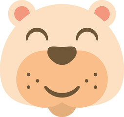 Cartoon bear face with closed eyes, light beige color, darker beige muzzle, brown nose, rounded ears with pink inner part, smiling expression, small brown freckles on cheeks.
