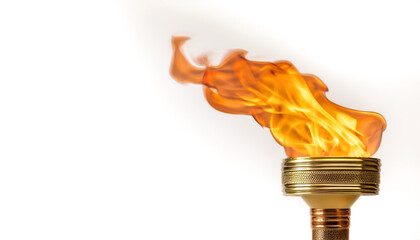A golden torch emitting bright orange flames on side position provides copy space for text. background concept isolated white