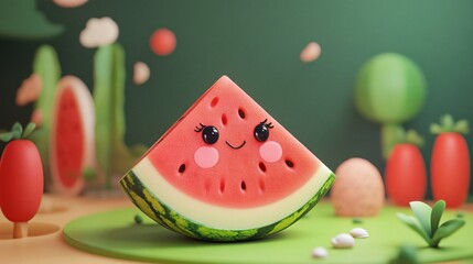 Cute cartoon watermelon slice with eyelashes and blush on a green background.
