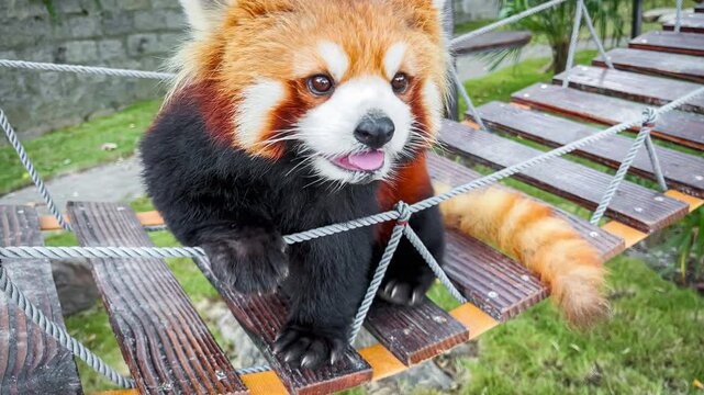 The red panda, Ailurus fulgens, also called the lesser panda and the red cat-bear sitting on a tree.