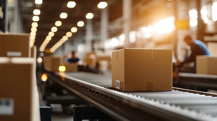 A conveyor belt laden with packages in a warehouse, illuminated by warm lighting, showcases the bustling activity of logistics and distribution.