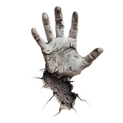 Fototapeta premium Cracked, weathered clay hand breaking through a surface, symbolizing resilience.