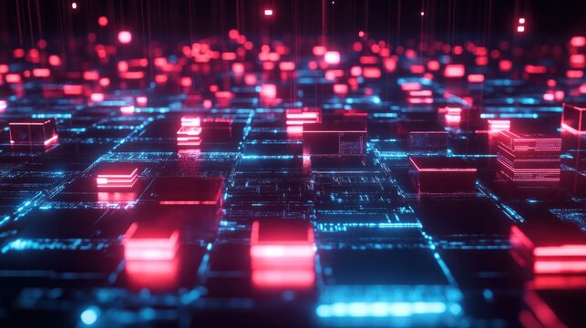 Futuristic digital landscape with glowing red and blue data blocks floating in a virtual grid, representing advanced technology and big data analytics.
