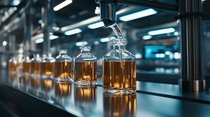 A production line with amber liquid being dispensed into glass bottles in a modern factory setting.