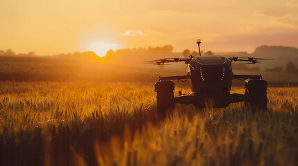 Fototapeta premium A drone sprayer sits in a field of golden wheat at sunset.