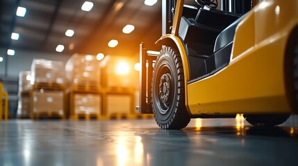 A yellow forklift in a warehouse, with stacks of boxes in the background, showcasing efficient logistics and industrial operations.