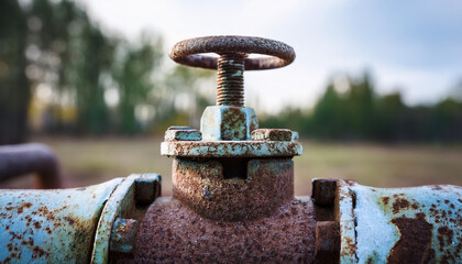 Rusted industrial valve with peeling paint. Close-up