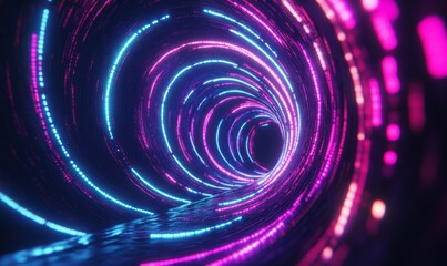 Obraz premium Vibrant swirling neon lights create mesmerizing patterns in a dark space, showcasing a dance of colors and light movement