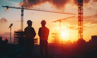 Two construction workers, silhouetted by the setting sun, stand at a construction site with equipment and cranes visible in the background, emphasizing the work environment