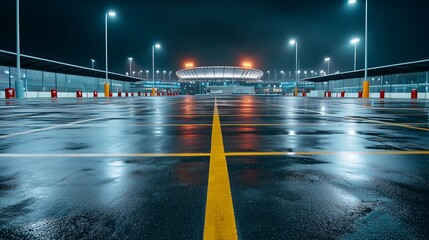 A dimly lit parking lot at night, with wet asphalt reflecting lights and a striking yellow line marking the center.