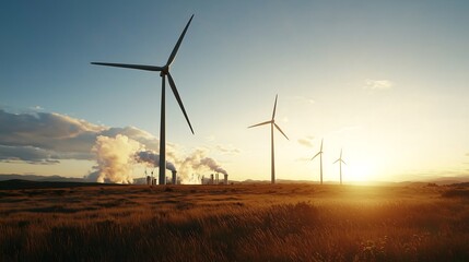 Obraz premium A scenic sunset view featuring wind turbines in the foreground and industrial smoke stacks in the background, symbolizing the contrast between renewable and traditional energy sources.