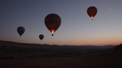 Naklejka premium Hot Air Balloons in Twilight Sky Over Scenic Landscape