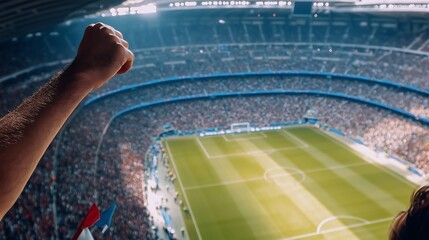 A fan raises a fist in celebration at a crowded stadium, showcasing the excitement and energy of a live soccer match.