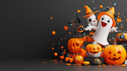 A Halloween scene with a ghost and pumpkins