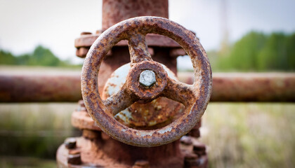 Rusted industrial valve with peeling paint. Close-up