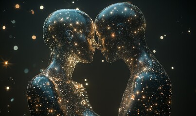 Two ethereal figures connect intimately, crafted from shimmering stars against a deep, cosmic backdrop