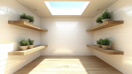 Fototapeta premium Bright room with wooden shelves and potted plants.