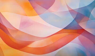 Translucent overlapping shapes create a soft, flowing composition in hues of orange, pink, and blue, evoking a sense of calm and fluidity