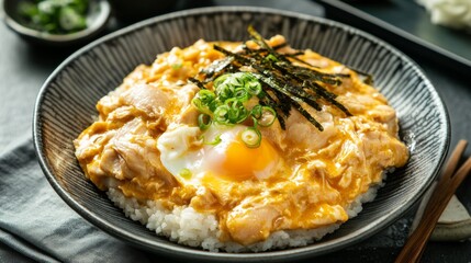 A delightful plate of Japanese oyakodon, simmered chicken and egg over rice, Oyakodon plate centered