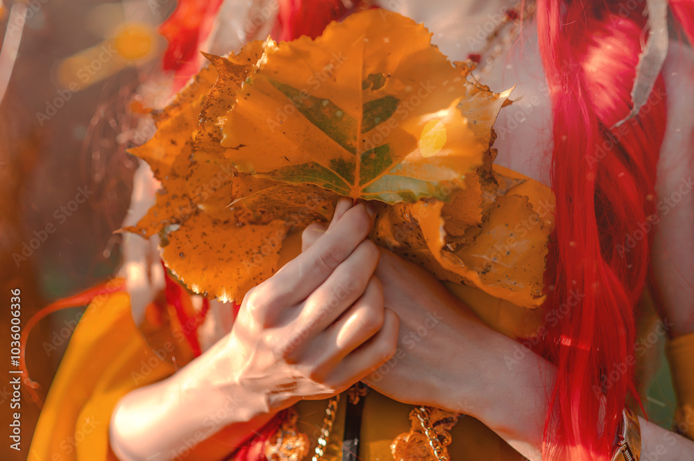 Wall mural deer girl in the autumn forest