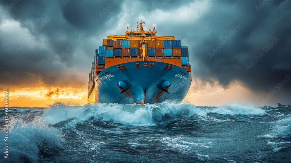Poster a massive container ship plows through choppy waves as it approaches a port at sunset, with dramatic