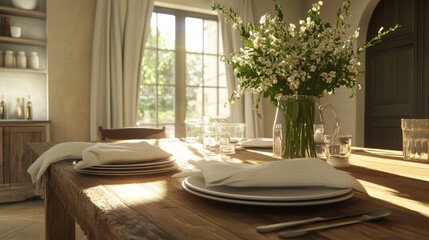 Cozy Dining Table with Beautiful Floral Arrangement