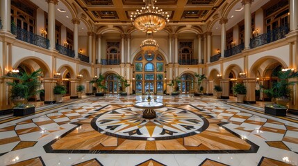 Obraz premium A grand and opulent hotel lobby featuring intricate mosaic flooring, elegant chandeliers, and lush greenery creates a luxurious ambiance for guests