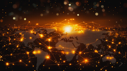 abstract business connection of line from nail node to node on world map background Innovation network points Earth's surface