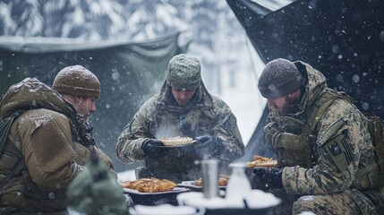 Soldiers savoring a hot meal during winter training