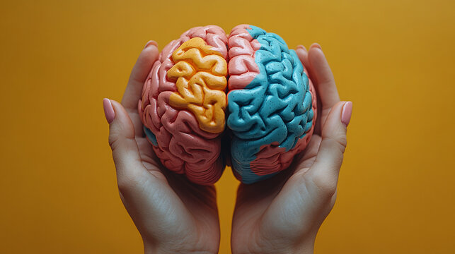 A colorful brain model held by hands, ideal for World Mental Health Day, educational materials, workshops, or mental wellness campaigns in a vibrant and playful atmosphere.