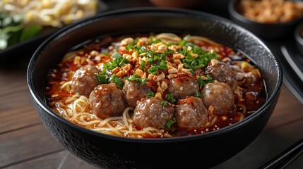 a bowl of Thai-styled dry noodle, mix rice noodle with dressing including soy sauce, ground chilli and fried chopped garlic, topped with pork meatballs, boil sliced pork, beansprout and holy basil