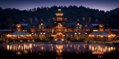 Obraz premium A stunning architectural masterpiece nestled in the tranquil embrace of a serene forest landscape reflected in a calm lake at dusk, illuminated beautifully