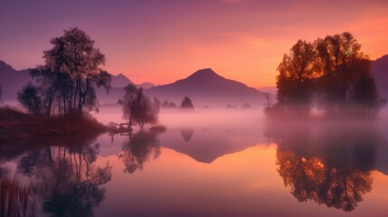 Obraz premium Serene misty lake at sunrise with mountains