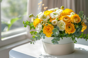 Beautiful bouquet of yellow and white various flowers in a white box.