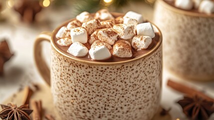 Hot chocolate with marshmallows and cinnamon, a popular comfort drink during the cold winter nights, Halloween , gifts, garland. in a close-up shot, a product photography.