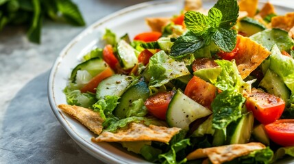 A delightful plate of Lebanese fattoush salad, mixed greens tossed with toasted pita bread, tomatoes