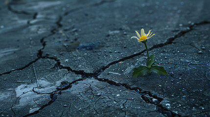A single wildflower grows out of the cracks in dry, cracked earth.