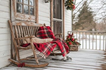 Rustic rocking bench with a red plaid blanket on a cozy porch decorated for Christmas