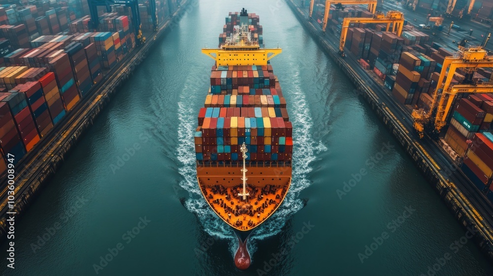 Poster A large cargo ship moves steadily through a narrow channel, surrounded by numerous stacked containers in a busy port. The bright colors of the containers create a vibrant scene.