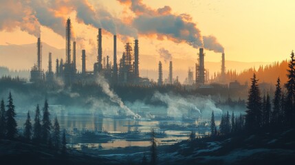 A sprawling industrial complex spews smoke into the air at sunset, casting a dark shadow over a serene lake and forest.