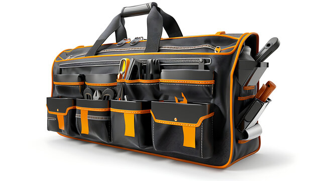 A black and orange tool bag with various tools sticking out of the pockets.