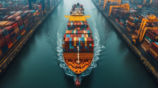 A large cargo ship moves steadily through a narrow channel, surrounded by numerous stacked containers in a busy port. The bright colors of the containers create a vibrant scene.