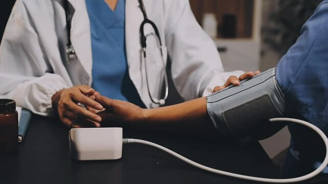 Young male psysician with patient measuring blood pressure