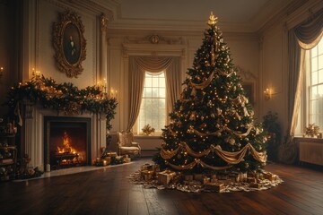 Fototapeta premium Living room with a festive Christmas tree, gifts, and a warm fireplace atmosphere