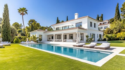 Fototapeta premium A beautiful white villa with a large lawn and swimming pool