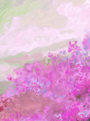 Fototapeta premium Impressionistic Landscape of Clouds Over Hills in Back w/Flowers wildflowers in Bloom Forefront -Digital Painting Art Illustration w/Canvas Paint Texture Lavender, Hot Pink, Aqua, Light Green & Pink