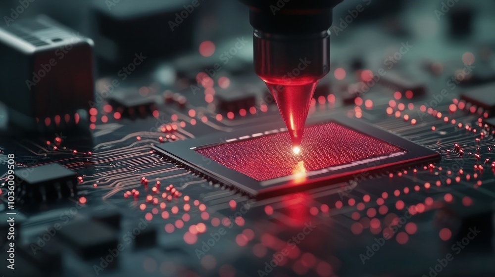 Poster a close-up image of a laser etching process on a microchip circuit board, highlighting the precision